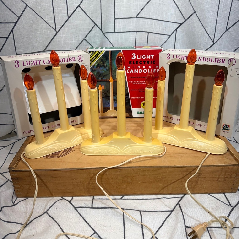 Beacon Electric Window Candolier Christmas Lot 3 Cream Good Vintage Orange Bulbs